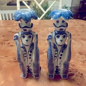Blue and white Chinoiserie candlestick pair